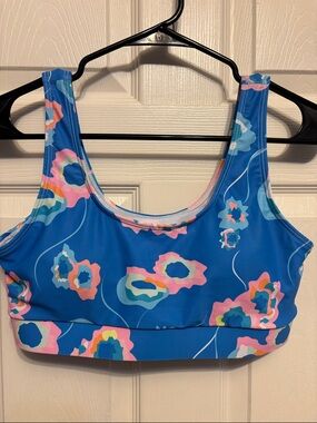 Blue Floral Scoop Neck Swim Top